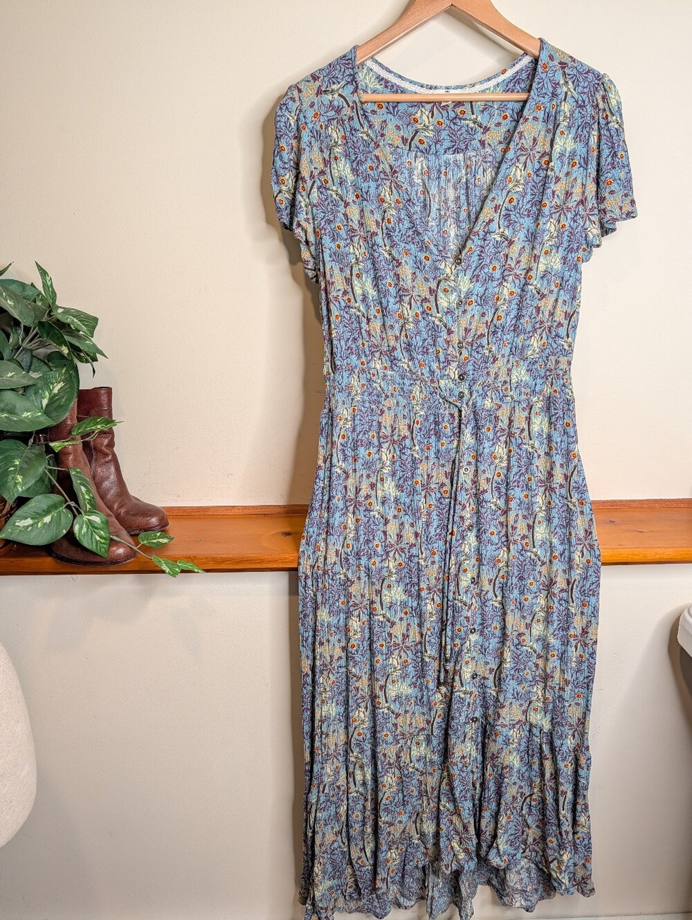 Mason & Belle Blue Floral Button Front Midi Dress Tie Waist Boho Size L